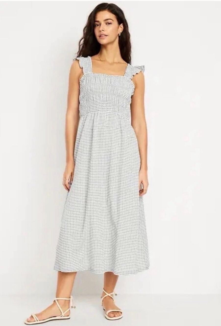 Old Navy Green White Gingham Smocked Midi Dress Ruffle Straps Size Medium